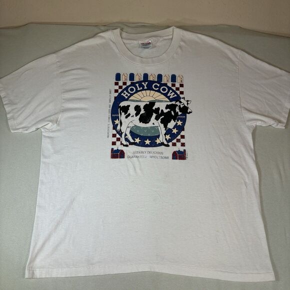 Vintage 90s Holy Cow Dairy Milk Graphic T Shirt XL White Single Stitch USA Made - Picture 1 of 9